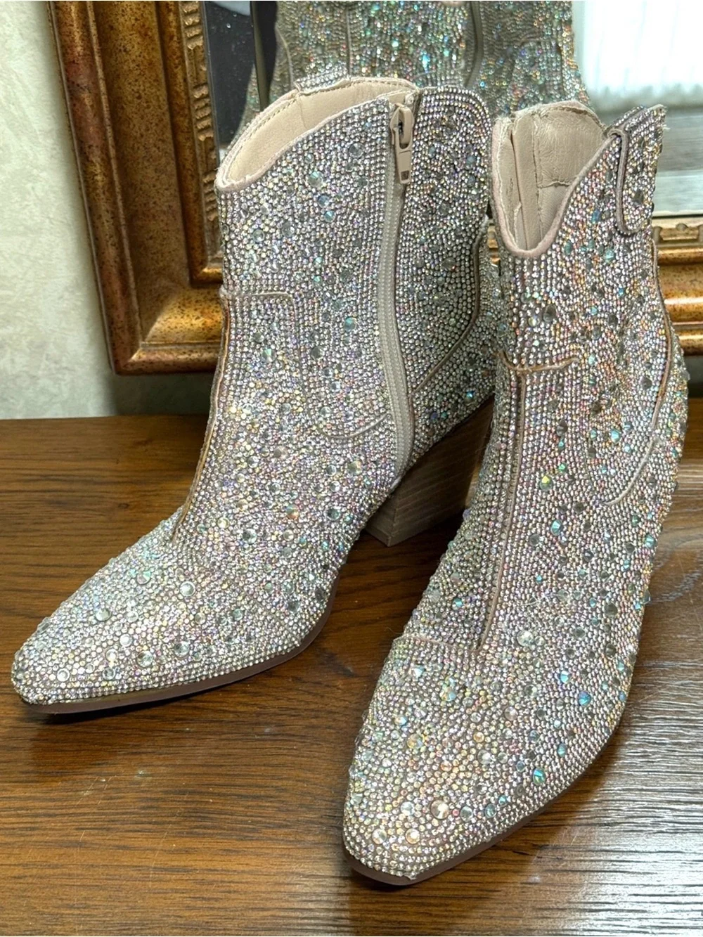 New w/o tag. Cushionaire Rhinestone Embellished Ankle Booties Nude/Silver. Sz 7